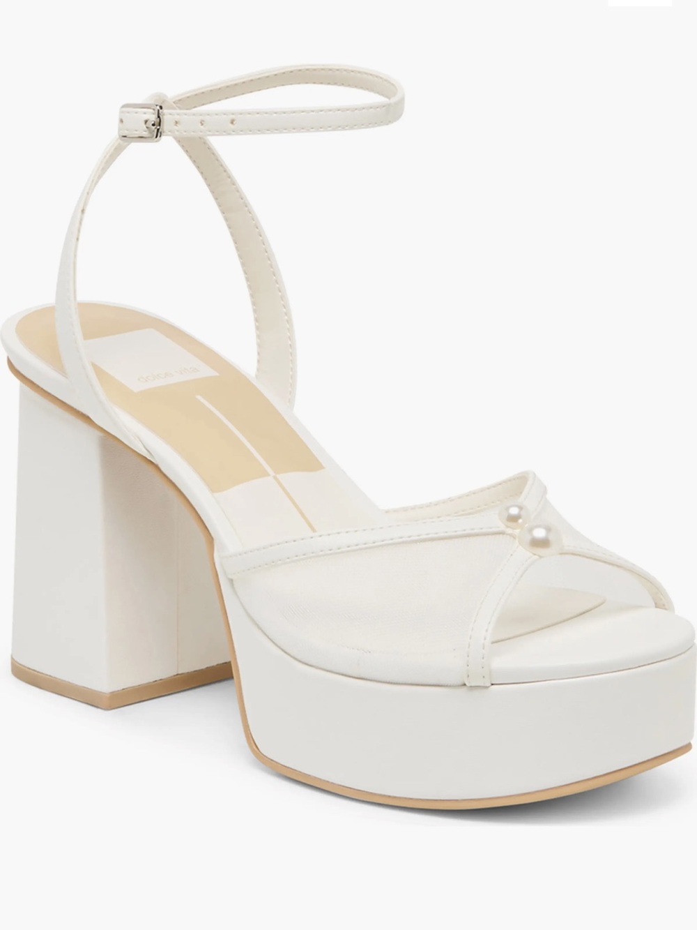 White Dolce Vita Platform Block-Heel Sandal with Pearl Accent